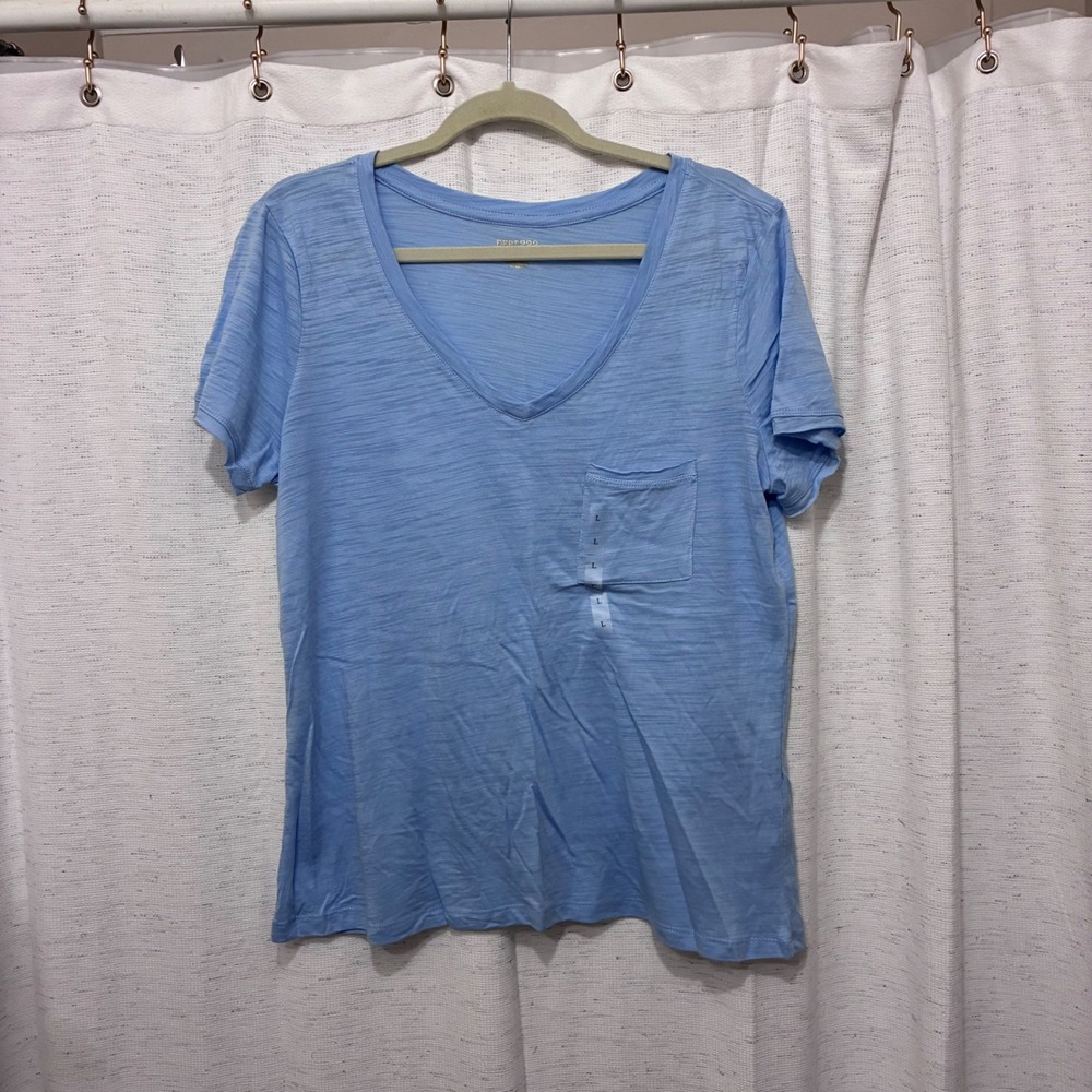 Womens Large V-Neck Pocket T-Shirt Light Blue Slub Knit Cotton Modal